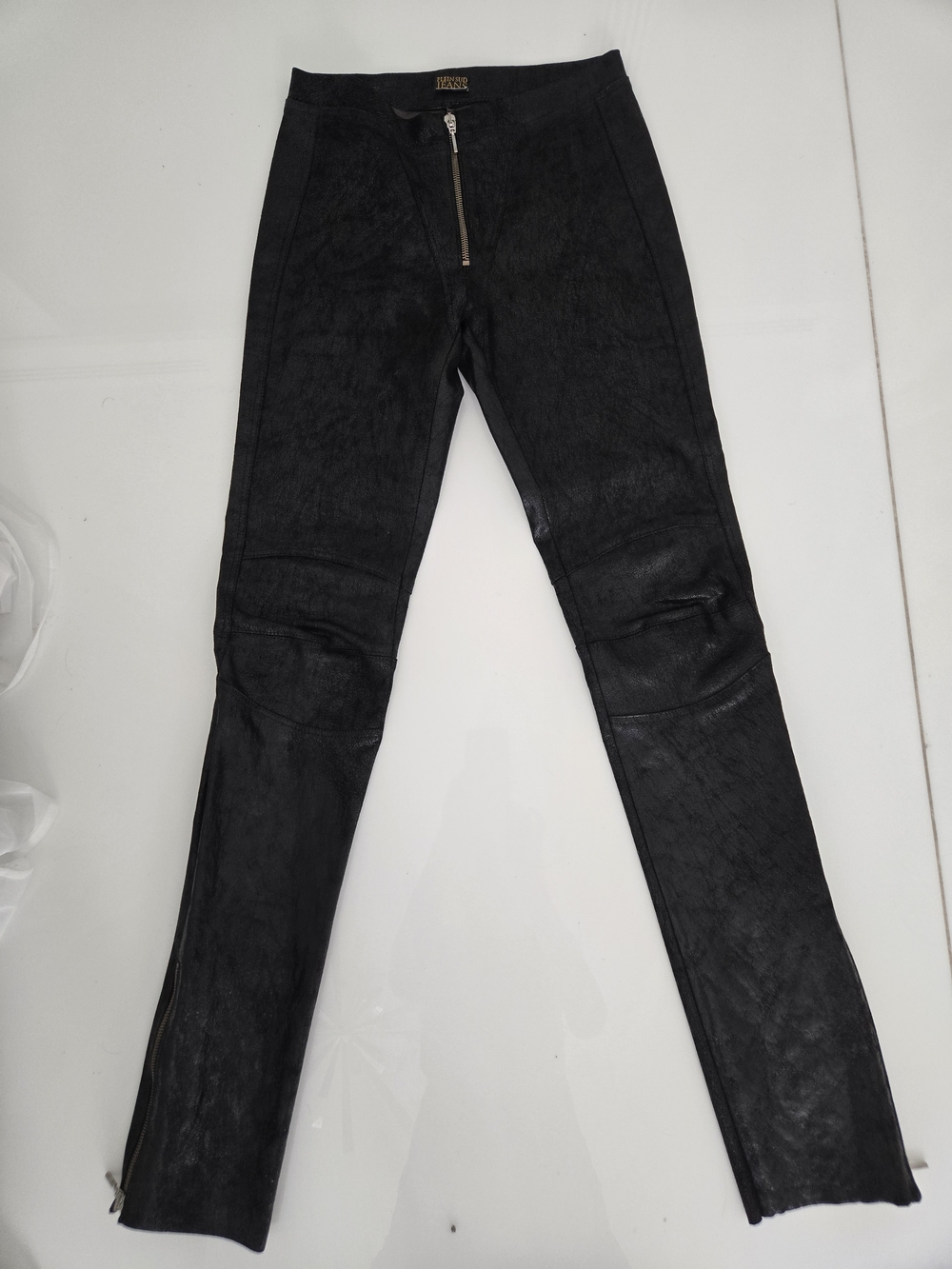 Plein Sud Jeans Black Leather Skinny Pants  Front Zip And Zip Legs, Size 38